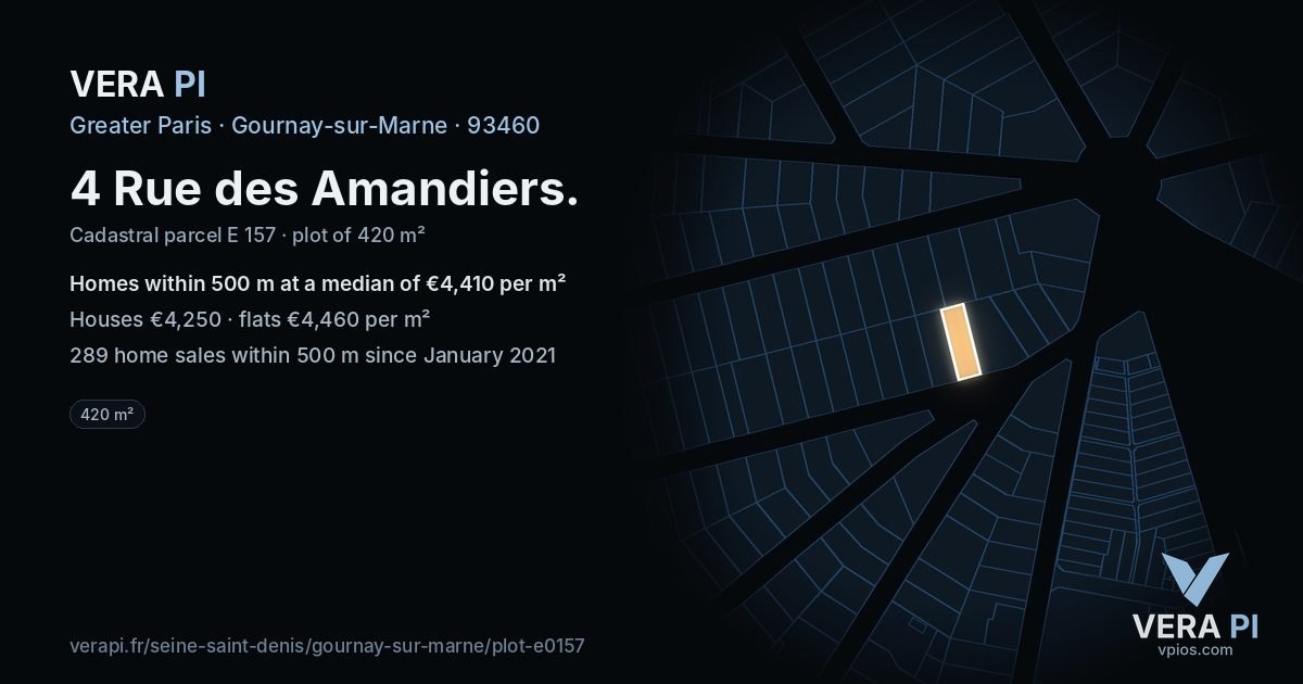4 Rue des Amandiers, Gournay-sur-Marne at night – the plot lit, the parcels around coloured by the prices near them