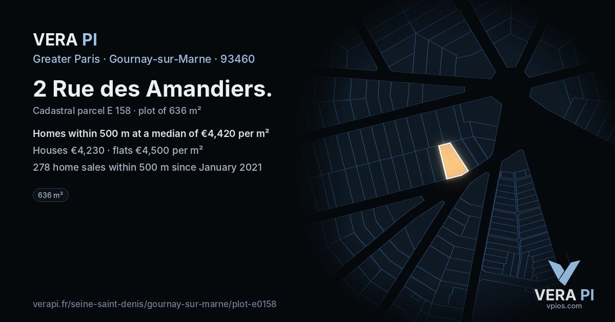 2 Rue des Amandiers, Gournay-sur-Marne at night – the plot lit, the parcels around coloured by the prices near them