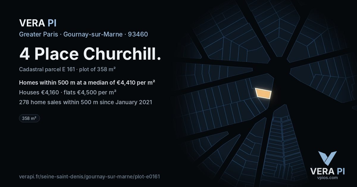 4 Place Churchill, Gournay-sur-Marne at night – the plot lit, the parcels around coloured by the prices near them