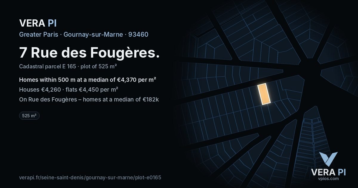 7 Rue des Fougères, Gournay-sur-Marne at night – the plot lit, the parcels around coloured by the prices near them