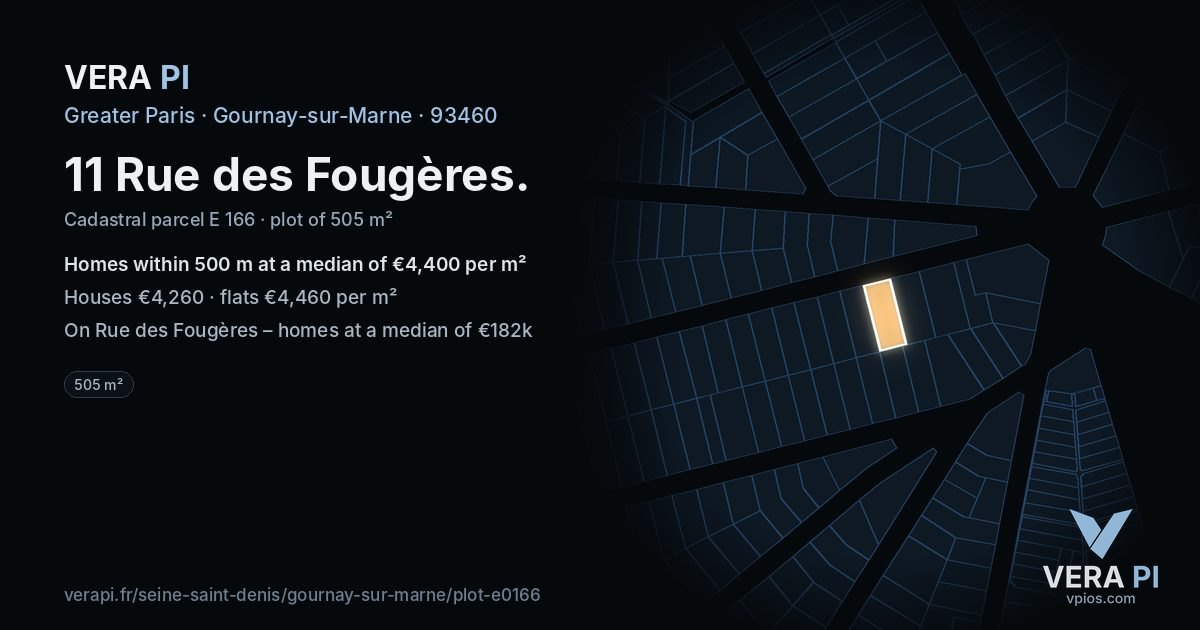 11 Rue des Fougères, Gournay-sur-Marne at night – the plot lit, the parcels around coloured by the prices near them