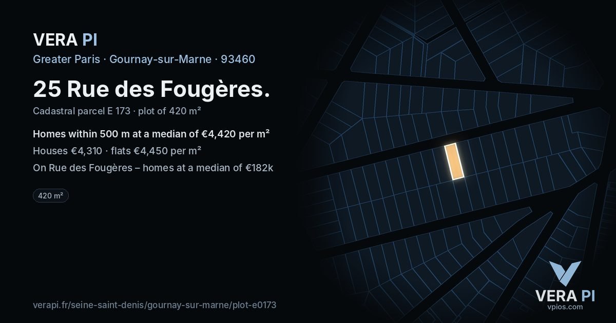 25 Rue des Fougères, Gournay-sur-Marne at night – the plot lit, the parcels around coloured by the prices near them