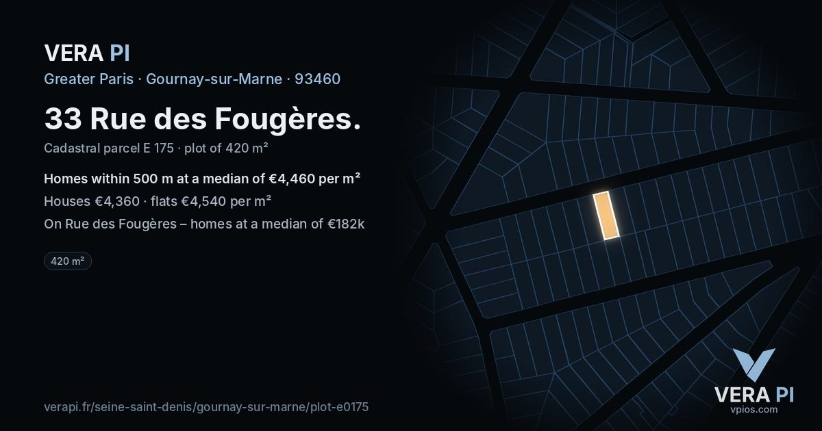 33 Rue des Fougères, Gournay-sur-Marne at night – the plot lit, the parcels around coloured by the prices near them