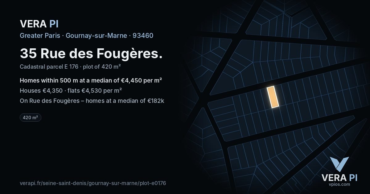 35 Rue des Fougères, Gournay-sur-Marne at night – the plot lit, the parcels around coloured by the prices near them