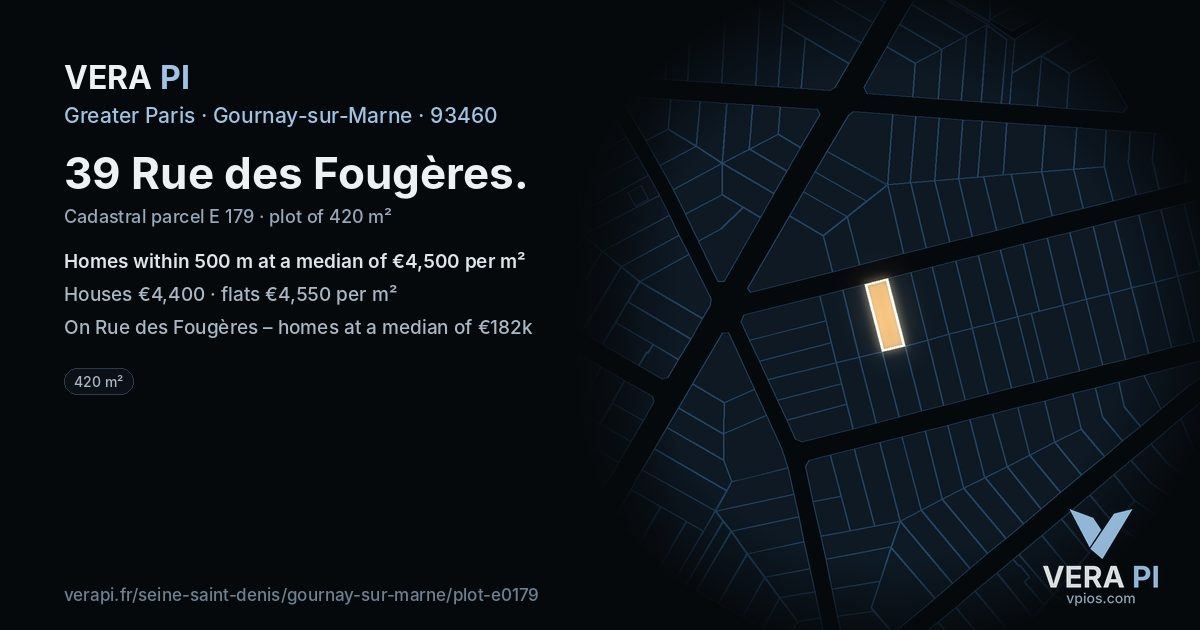 39 Rue des Fougères, Gournay-sur-Marne at night – the plot lit, the parcels around coloured by the prices near them