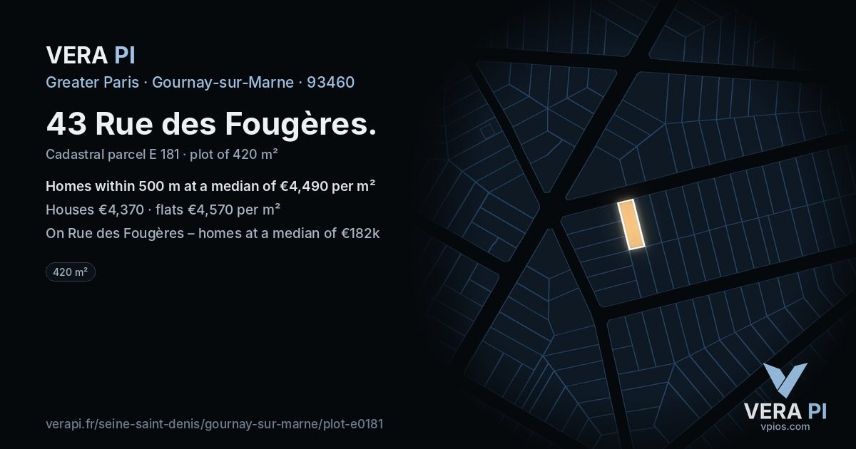43 Rue des Fougères, Gournay-sur-Marne at night – the plot lit, the parcels around coloured by the prices near them