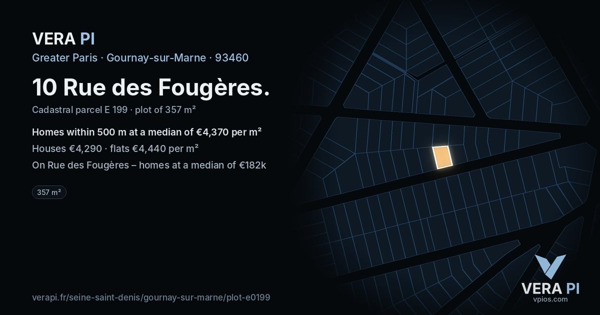 10 Rue des Fougères, Gournay-sur-Marne at night – the plot lit, the parcels around coloured by the prices near them