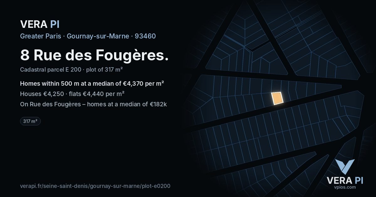 8 Rue des Fougères, Gournay-sur-Marne at night – the plot lit, the parcels around coloured by the prices near them