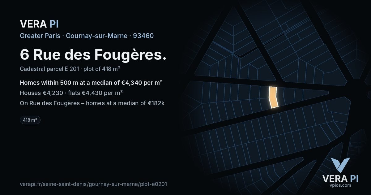 6 Rue des Fougères, Gournay-sur-Marne at night – the plot lit, the parcels around coloured by the prices near them