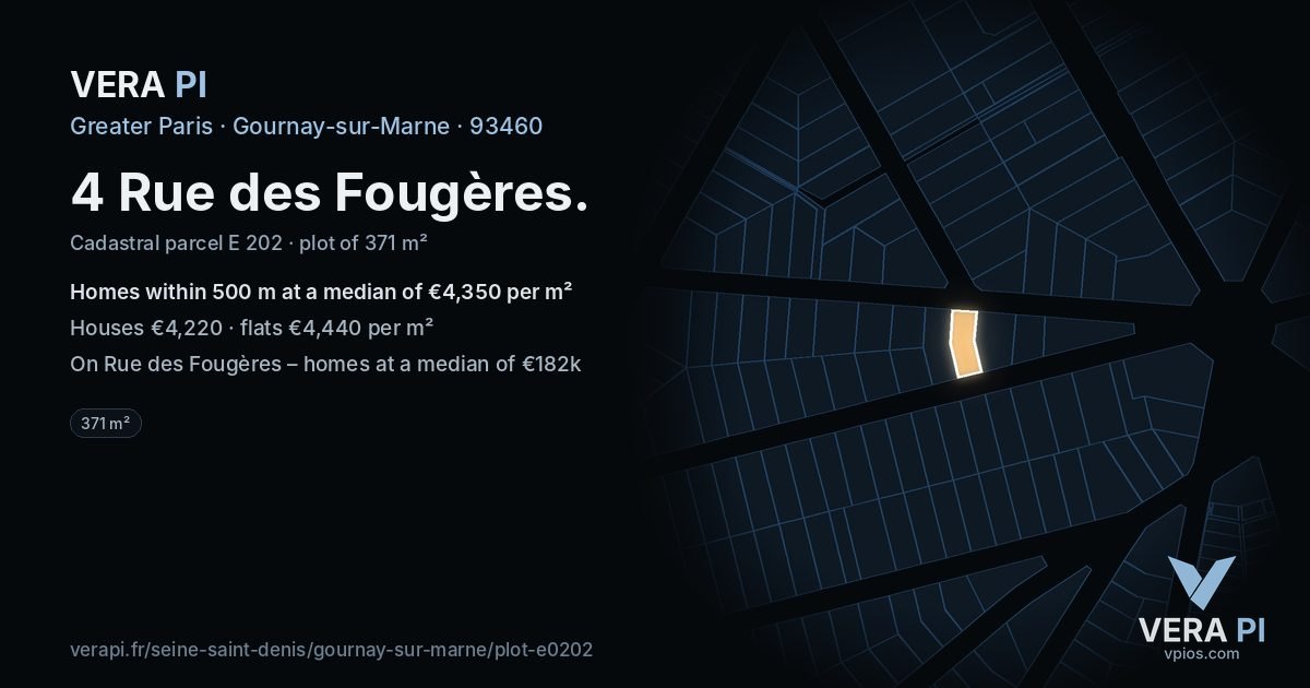4 Rue des Fougères, Gournay-sur-Marne at night – the plot lit, the parcels around coloured by the prices near them