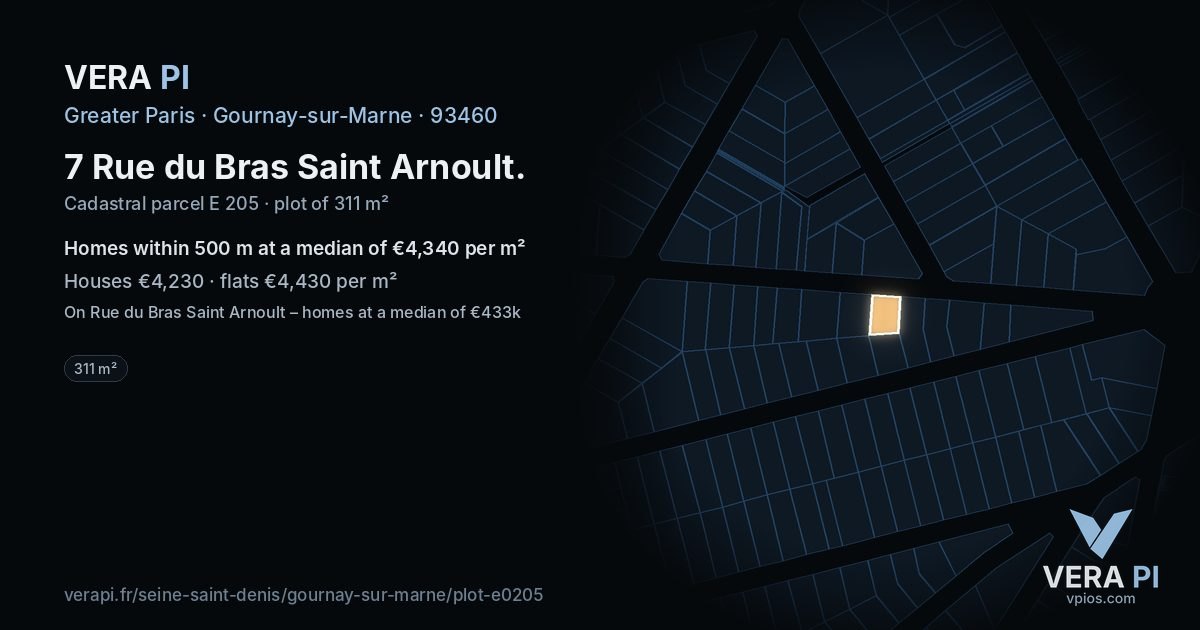 7 Rue du Bras Saint Arnoult, Gournay-sur-Marne at night – the plot lit, the parcels around coloured by the prices near them
