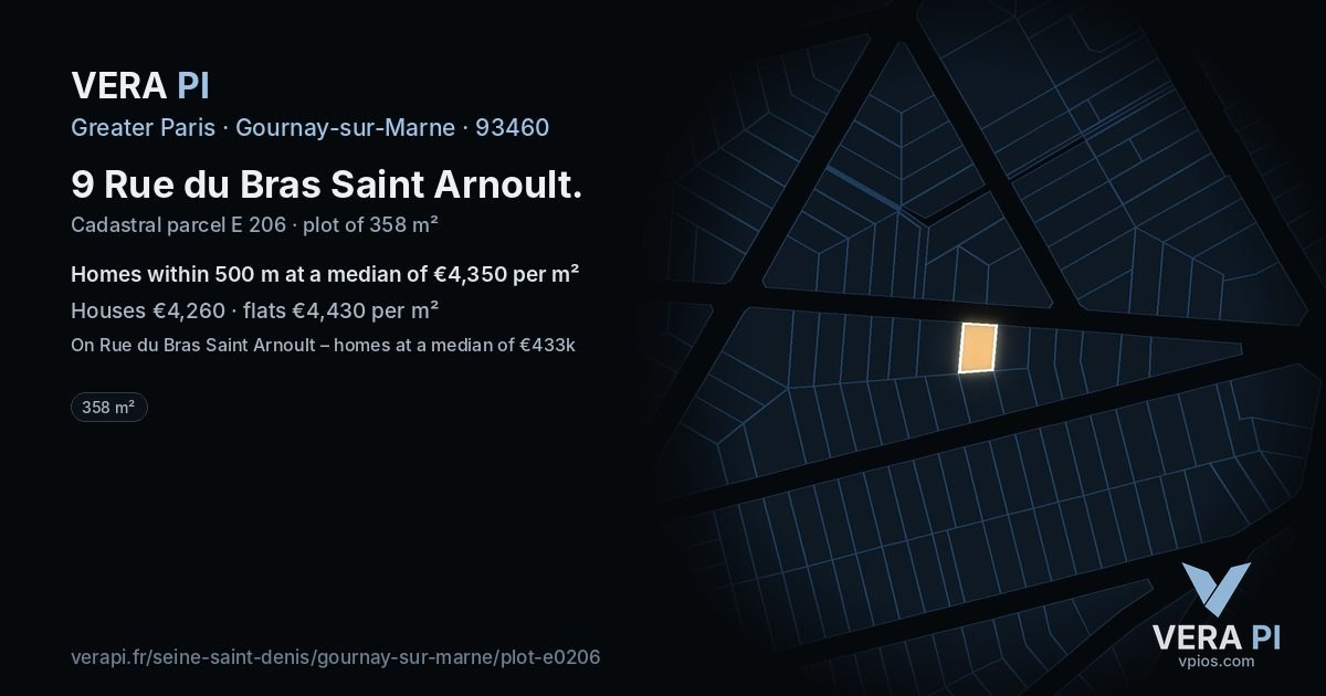 9 Rue du Bras Saint Arnoult, Gournay-sur-Marne at night – the plot lit, the parcels around coloured by the prices near them