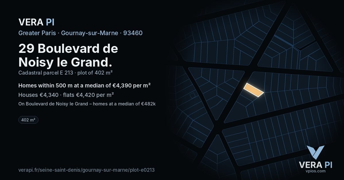 29 Boulevard de Noisy le Grand, Gournay-sur-Marne at night – the plot lit, the parcels around coloured by the prices near them
