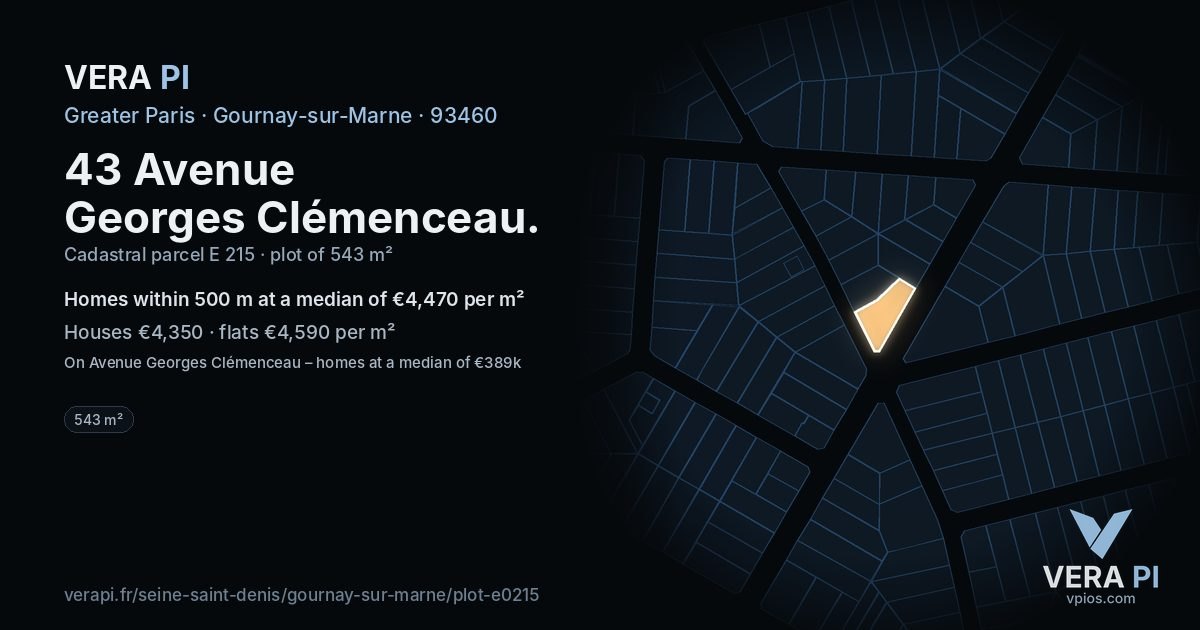 43 Avenue Georges Clémenceau, Gournay-sur-Marne at night – the plot lit, the parcels around coloured by the prices near them
