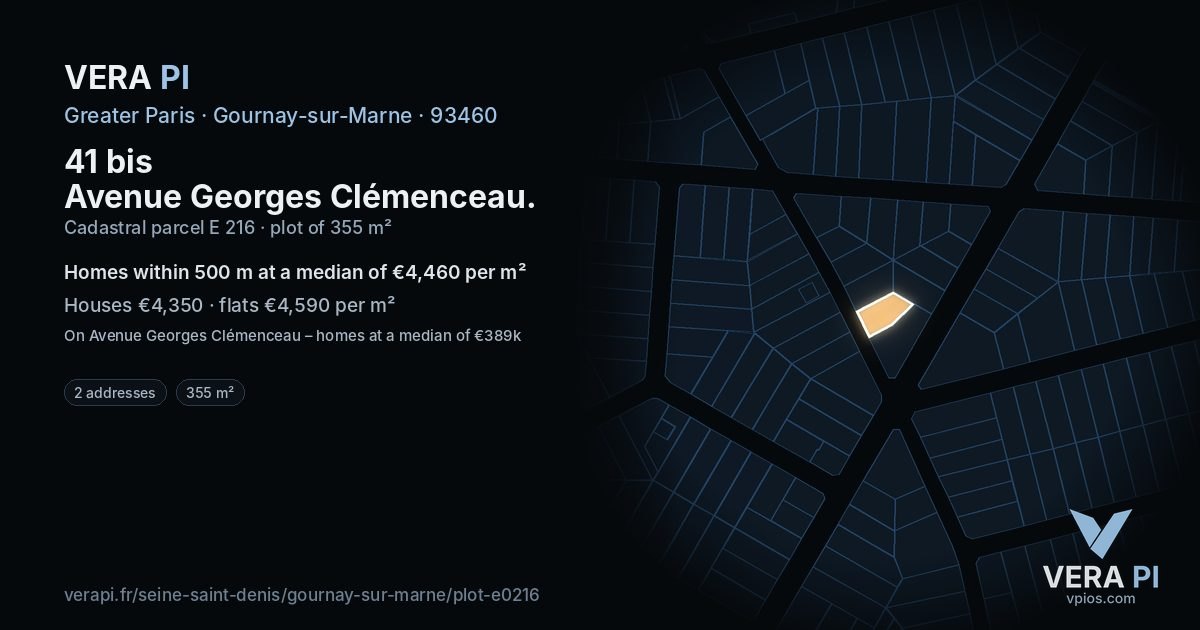 41 bis Avenue Georges Clémenceau, Gournay-sur-Marne at night – the plot lit, the parcels around coloured by the prices near them