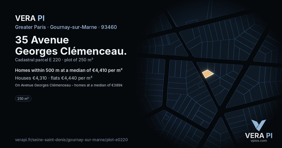 35 Avenue Georges Clémenceau, Gournay-sur-Marne at night – the plot lit, the parcels around coloured by the prices near them