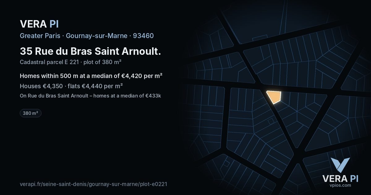 35 Rue du Bras Saint Arnoult, Gournay-sur-Marne at night – the plot lit, the parcels around coloured by the prices near them