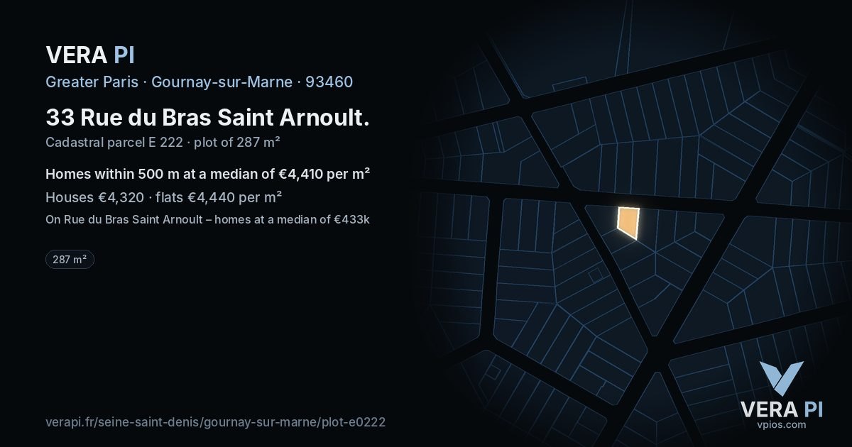 33 Rue du Bras Saint Arnoult, Gournay-sur-Marne at night – the plot lit, the parcels around coloured by the prices near them