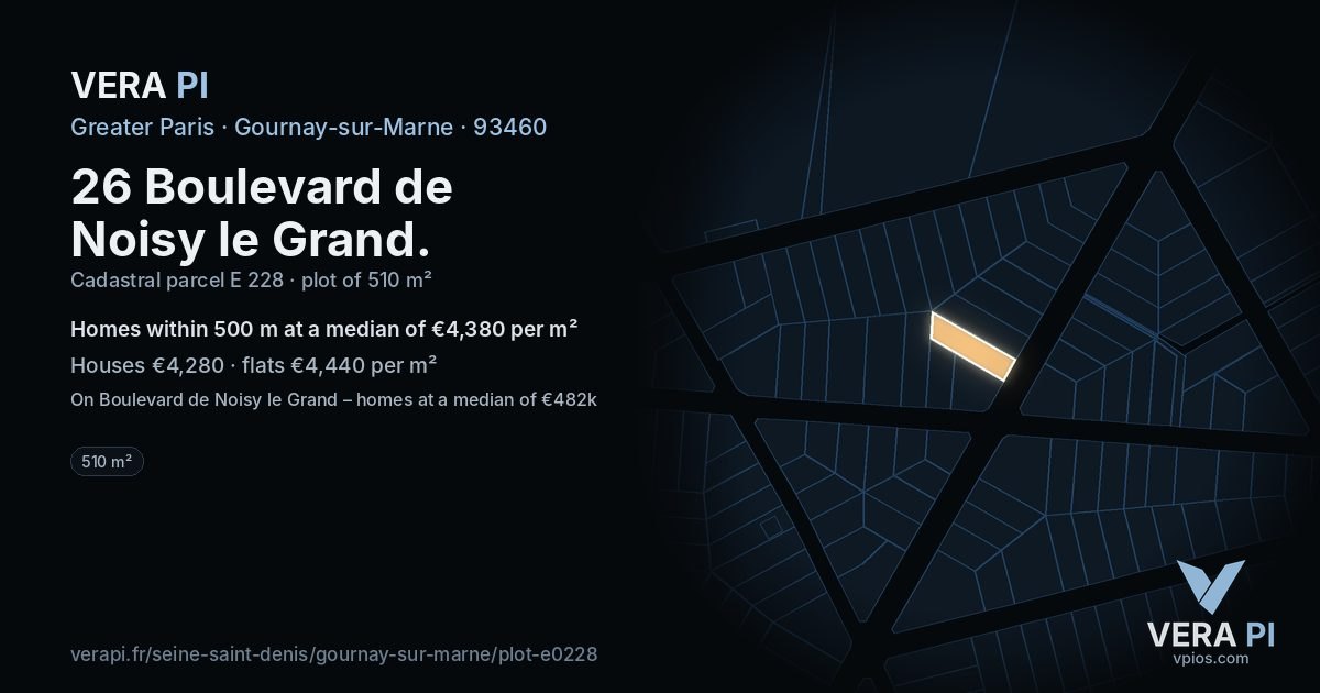 26 Boulevard de Noisy le Grand, Gournay-sur-Marne at night – the plot lit, the parcels around coloured by the prices near them