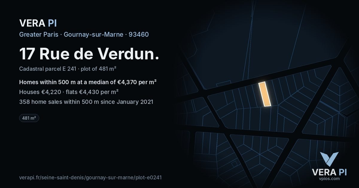 17 Rue de Verdun, Gournay-sur-Marne at night – the plot lit, the parcels around coloured by the prices near them