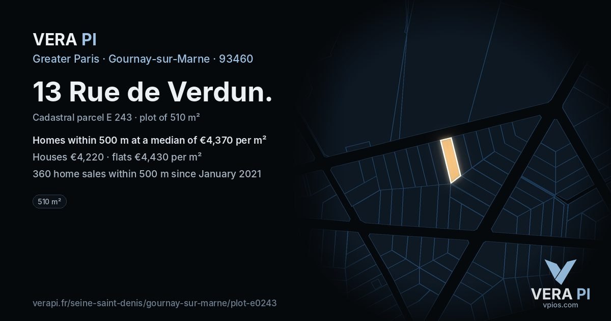 13 Rue de Verdun, Gournay-sur-Marne at night – the plot lit, the parcels around coloured by the prices near them