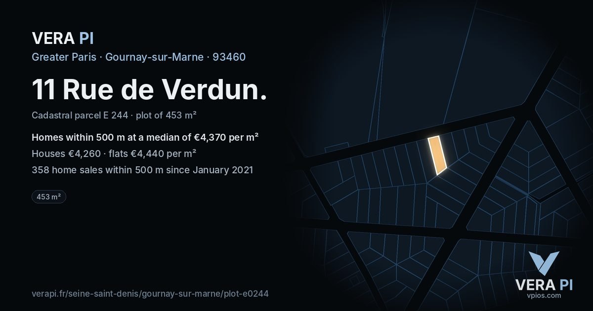 11 Rue de Verdun, Gournay-sur-Marne at night – the plot lit, the parcels around coloured by the prices near them