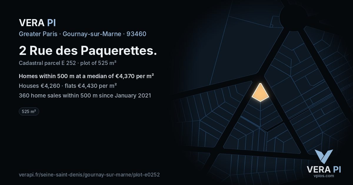 2 Rue des Paquerettes, Gournay-sur-Marne at night – the plot lit, the parcels around coloured by the prices near them