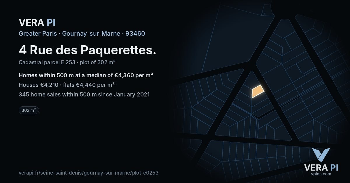 4 Rue des Paquerettes, Gournay-sur-Marne at night – the plot lit, the parcels around coloured by the prices near them