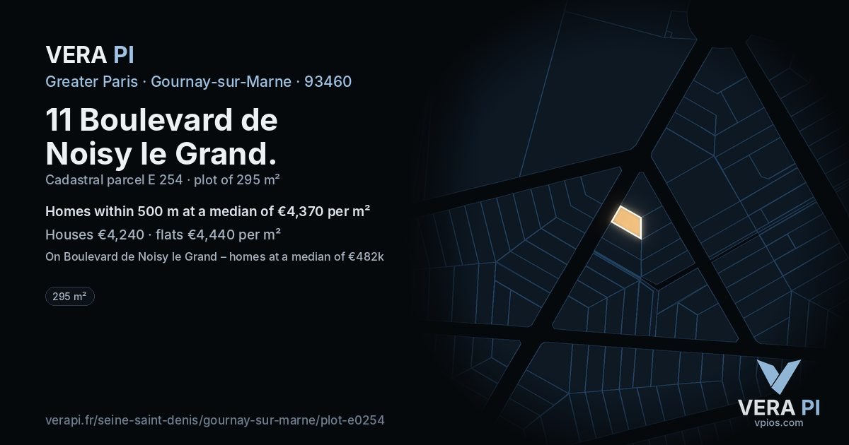 11 Boulevard de Noisy le Grand, Gournay-sur-Marne at night – the plot lit, the parcels around coloured by the prices near them
