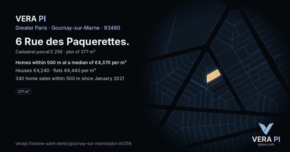 6 Rue des Paquerettes, Gournay-sur-Marne at night – the plot lit, the parcels around coloured by the prices near them