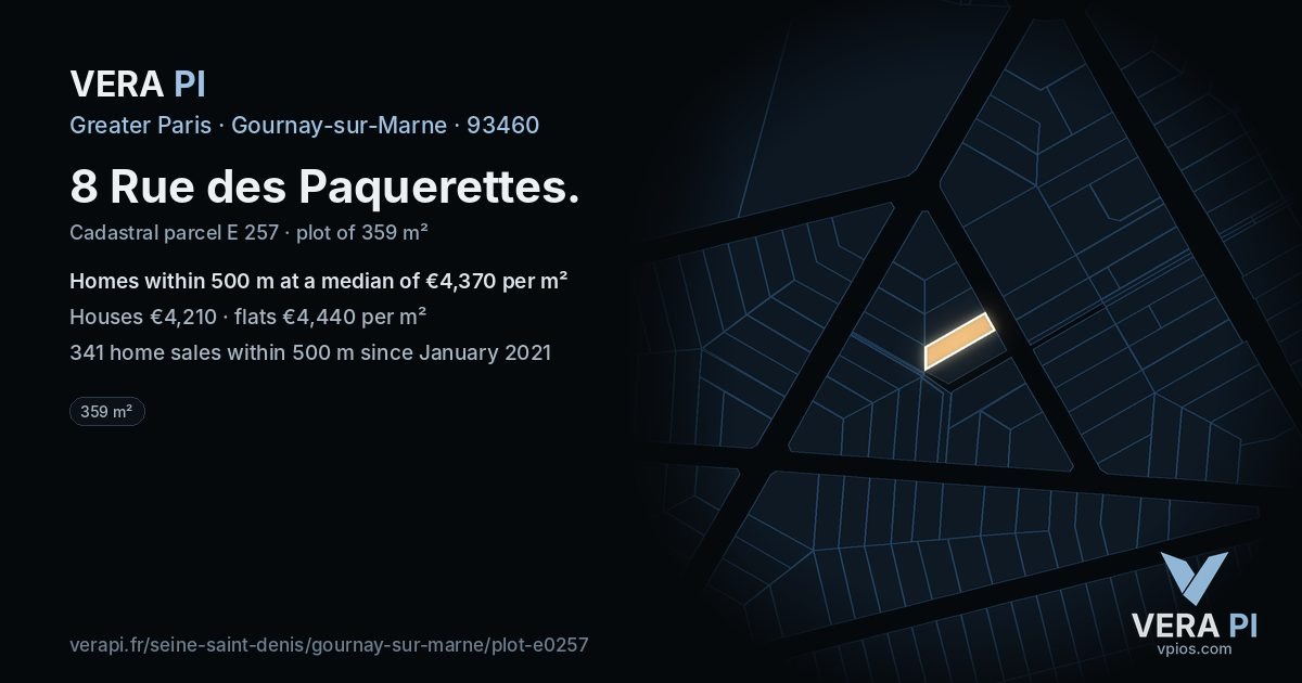 8 Rue des Paquerettes, Gournay-sur-Marne at night – the plot lit, the parcels around coloured by the prices near them