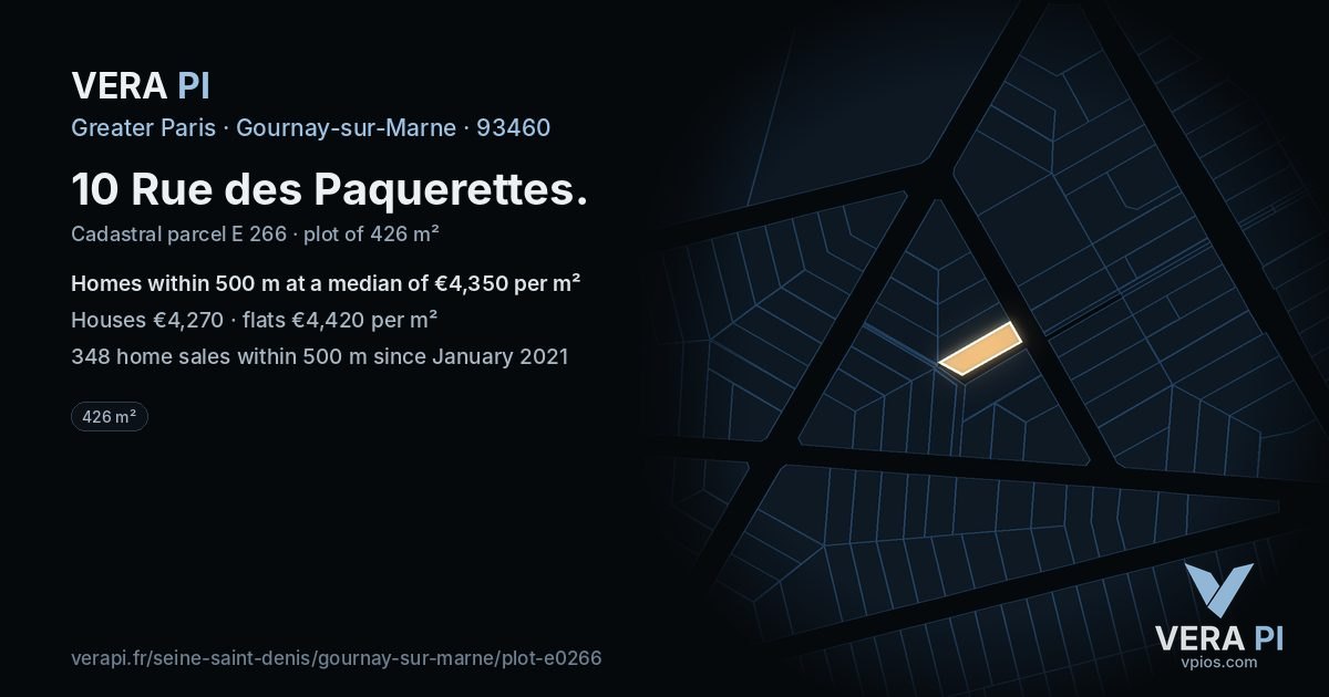 10 Rue des Paquerettes, Gournay-sur-Marne at night – the plot lit, the parcels around coloured by the prices near them