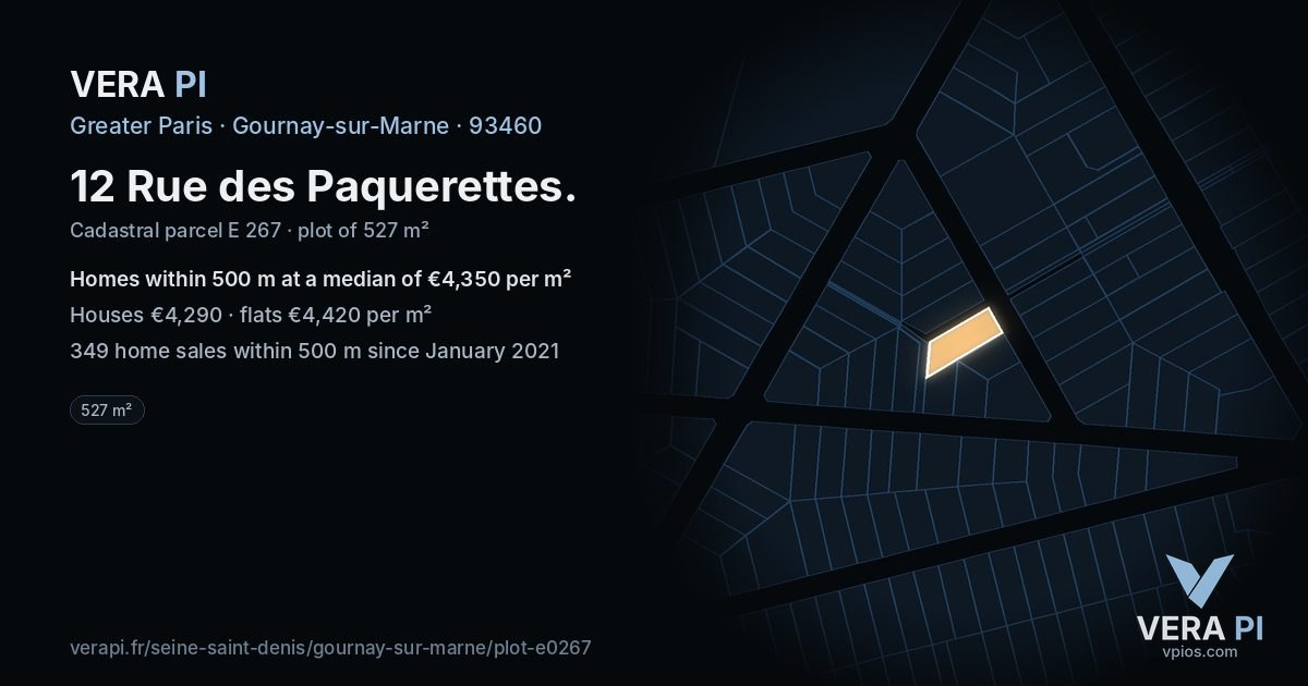 12 Rue des Paquerettes, Gournay-sur-Marne at night – the plot lit, the parcels around coloured by the prices near them
