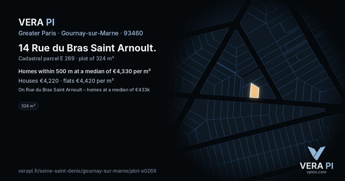 14 Rue du Bras Saint Arnoult, Gournay-sur-Marne at night – the plot lit, the parcels around coloured by the prices near them
