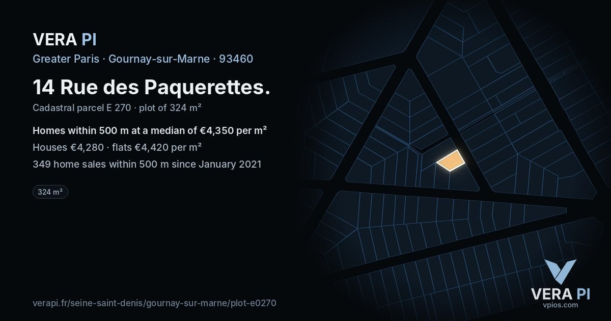 14 Rue des Paquerettes, Gournay-sur-Marne at night – the plot lit, the parcels around coloured by the prices near them