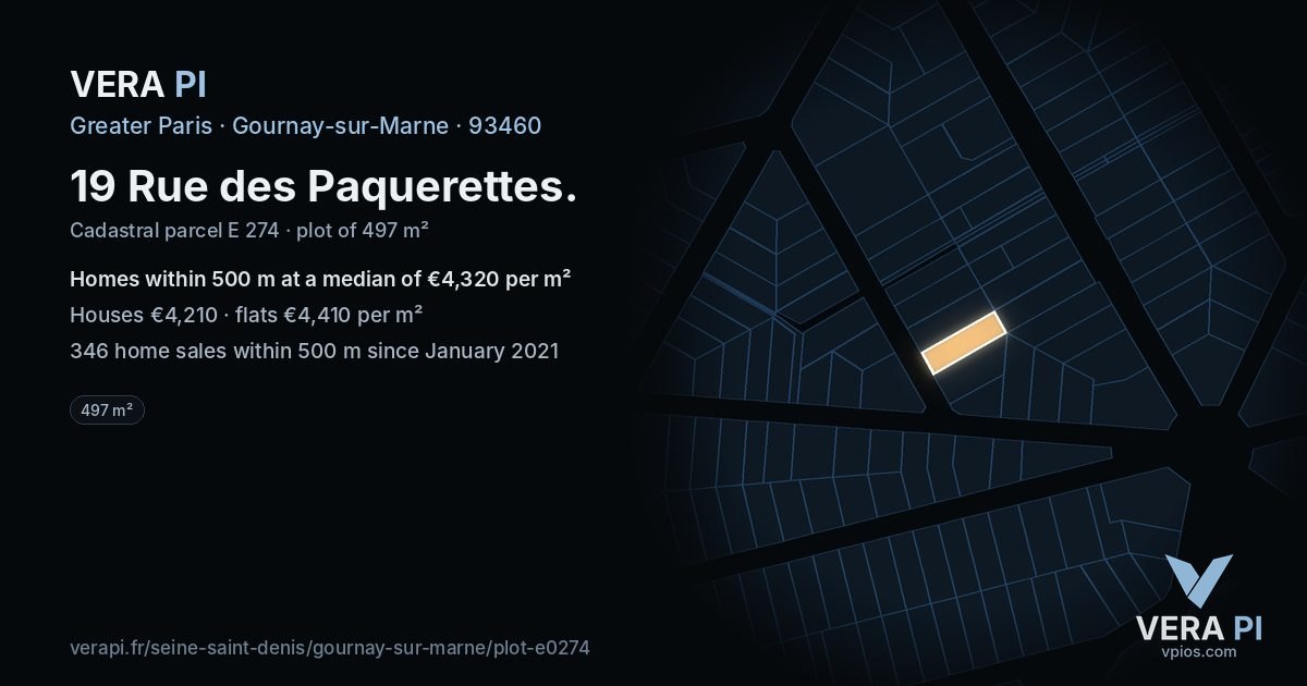 19 Rue des Paquerettes, Gournay-sur-Marne at night – the plot lit, the parcels around coloured by the prices near them