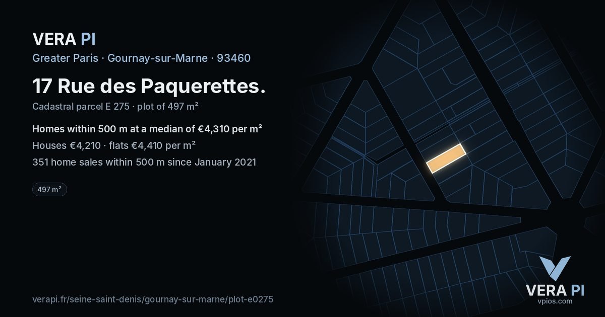 17 Rue des Paquerettes, Gournay-sur-Marne at night – the plot lit, the parcels around coloured by the prices near them