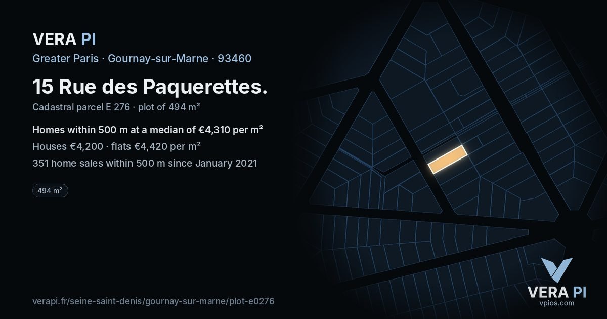 15 Rue des Paquerettes, Gournay-sur-Marne at night – the plot lit, the parcels around coloured by the prices near them
