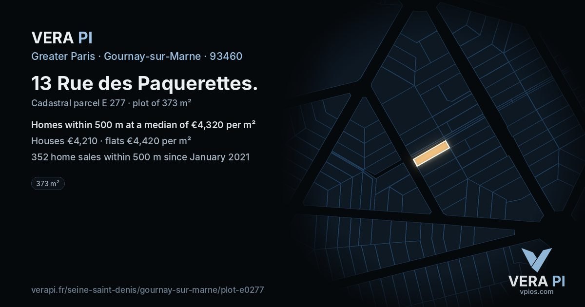 13 Rue des Paquerettes, Gournay-sur-Marne at night – the plot lit, the parcels around coloured by the prices near them