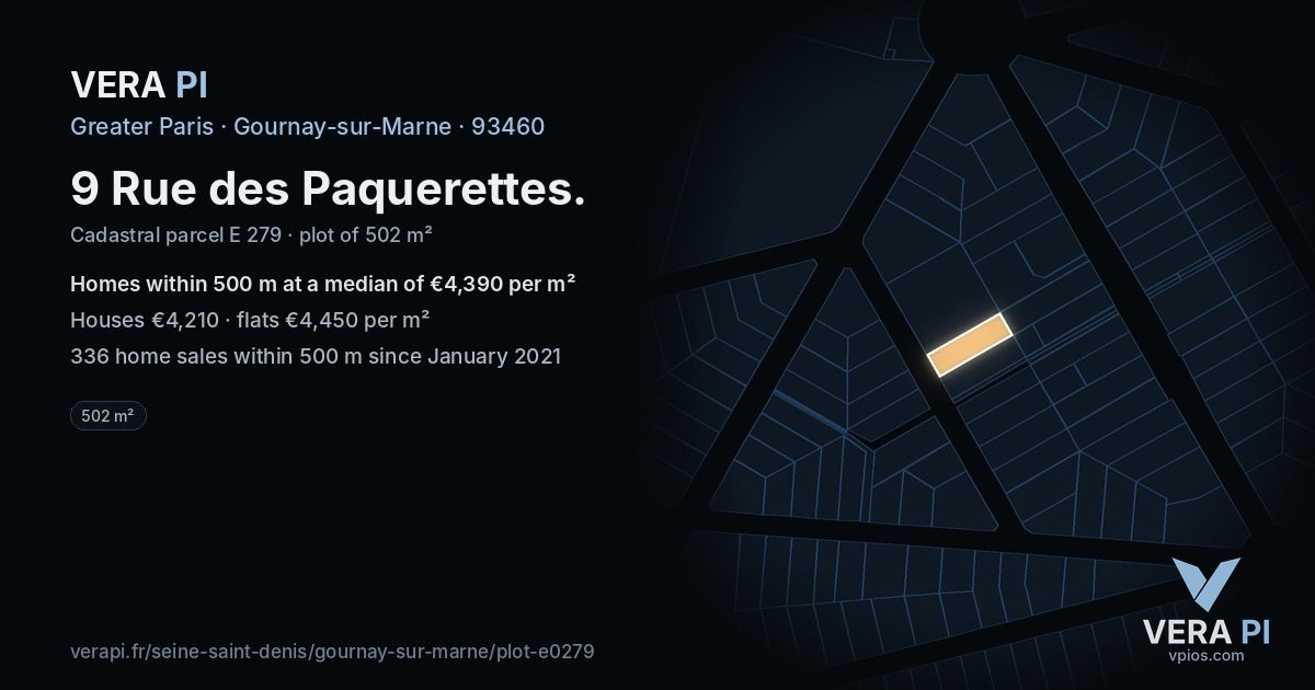 9 Rue des Paquerettes, Gournay-sur-Marne at night – the plot lit, the parcels around coloured by the prices near them