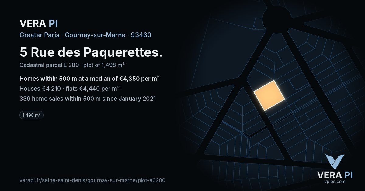 5 Rue des Paquerettes, Gournay-sur-Marne at night – the plot lit, the parcels around coloured by the prices near them