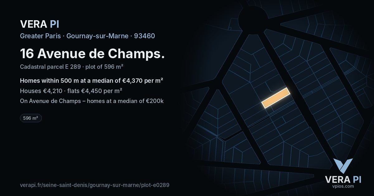 16 Avenue de Champs, Gournay-sur-Marne at night – the plot lit, the parcels around coloured by the prices near them