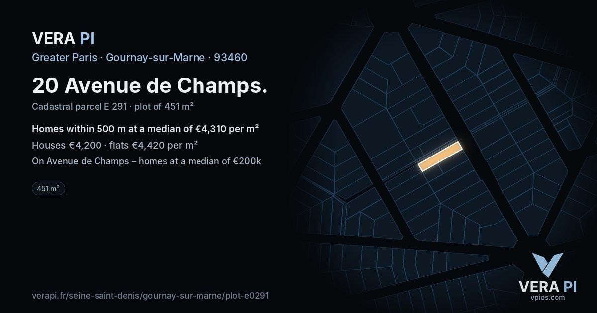 20 Avenue de Champs, Gournay-sur-Marne at night – the plot lit, the parcels around coloured by the prices near them