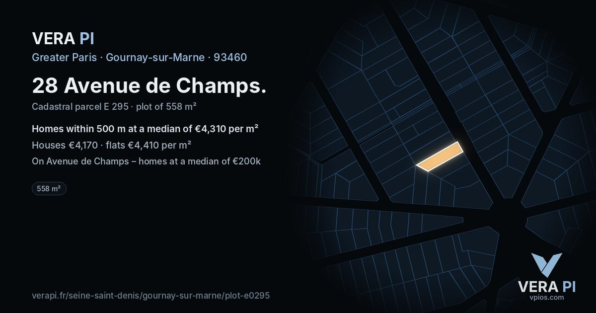 28 Avenue de Champs, Gournay-sur-Marne at night – the plot lit, the parcels around coloured by the prices near them