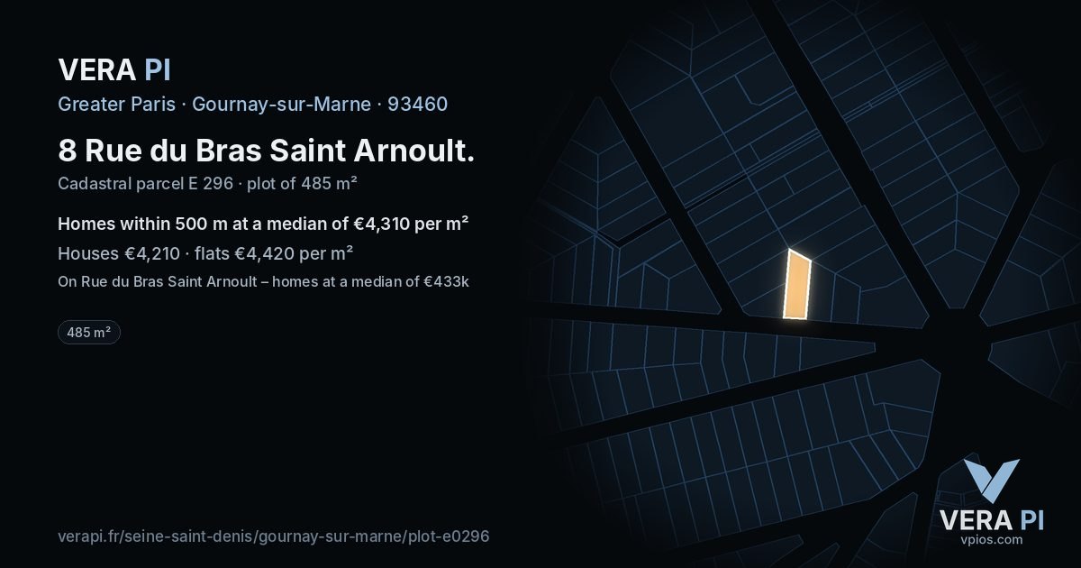 8 Rue du Bras Saint Arnoult, Gournay-sur-Marne at night – the plot lit, the parcels around coloured by the prices near them