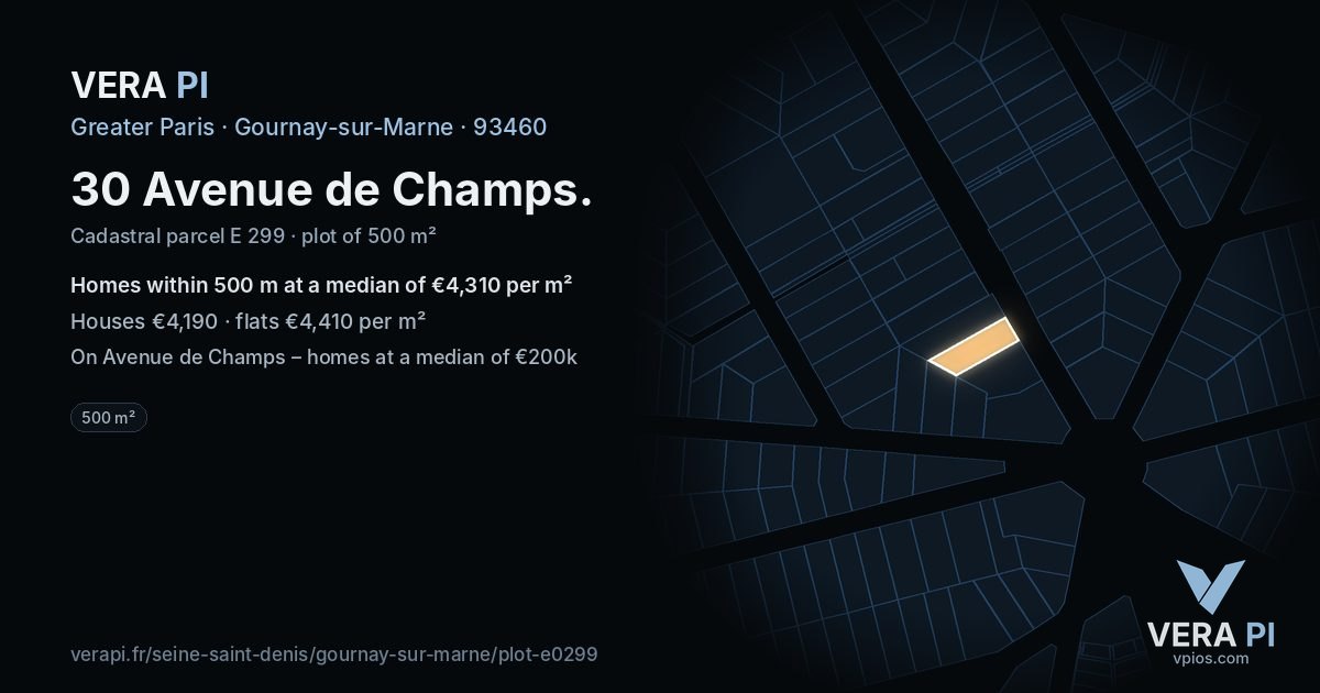 30 Avenue de Champs, Gournay-sur-Marne at night – the plot lit, the parcels around coloured by the prices near them