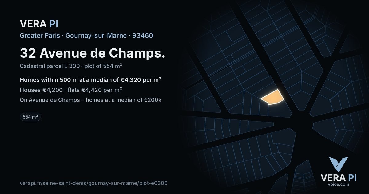 32 Avenue de Champs, Gournay-sur-Marne at night – the plot lit, the parcels around coloured by the prices near them