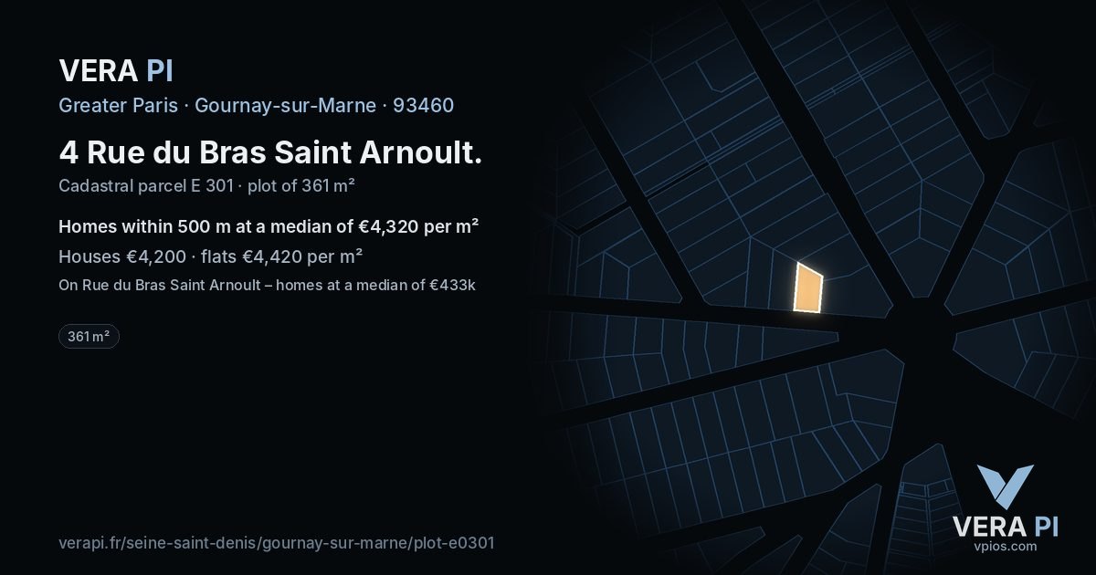 4 Rue du Bras Saint Arnoult, Gournay-sur-Marne at night – the plot lit, the parcels around coloured by the prices near them