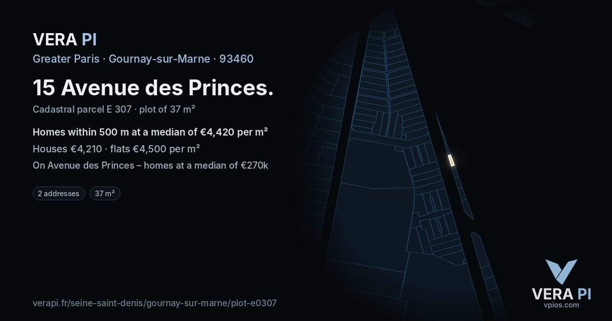 15 Avenue des Princes, Gournay-sur-Marne at night – the plot lit, the parcels around coloured by the prices near them