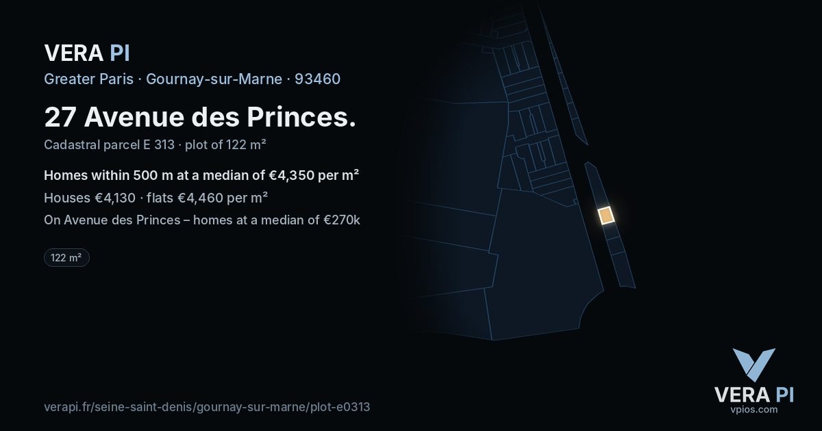 27 Avenue des Princes, Gournay-sur-Marne at night – the plot lit, the parcels around coloured by the prices near them